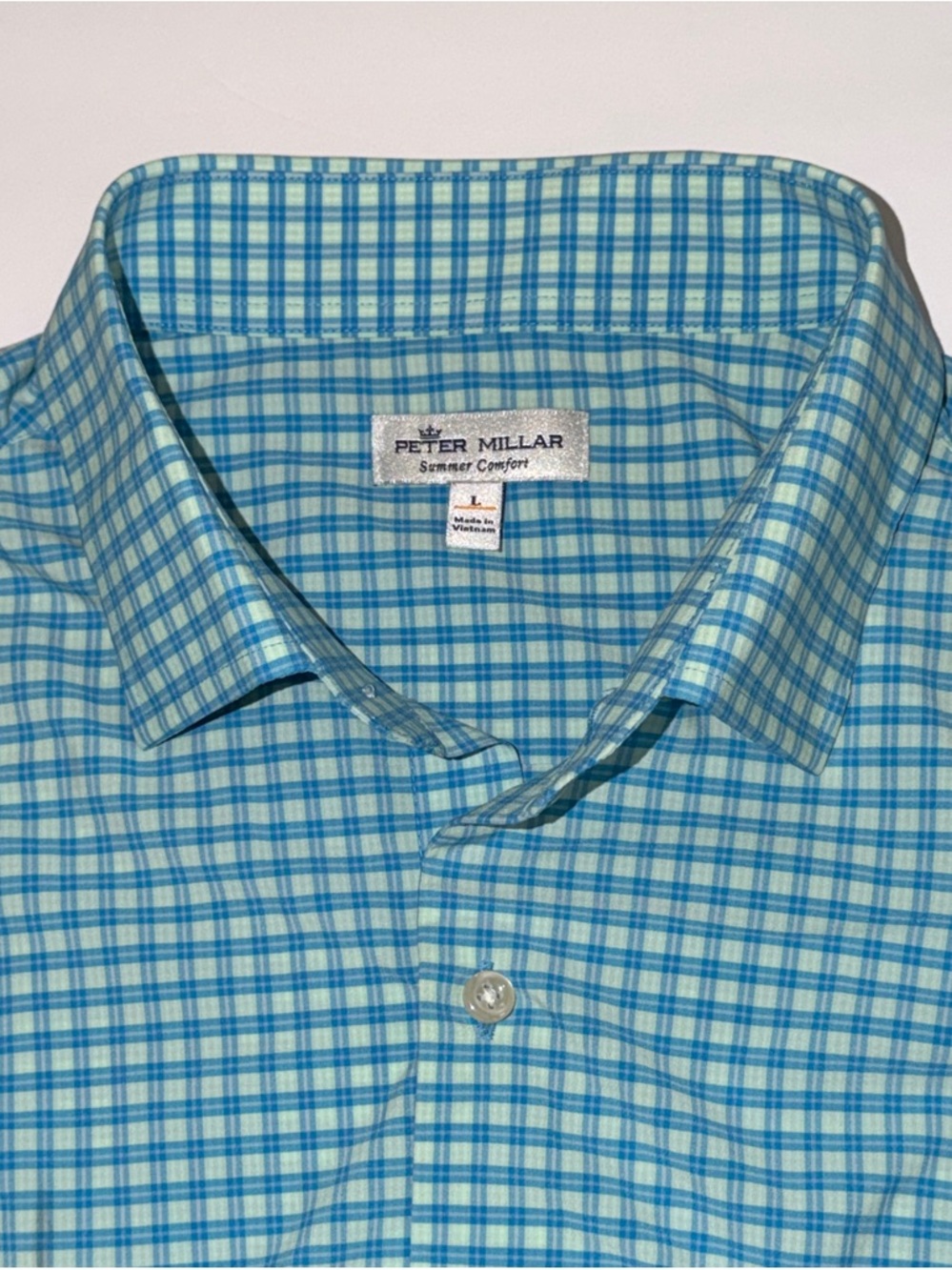 PETER MILLAR Summer Comfort  Performance Shirt Blue Plaid Button Up Mens Sz L